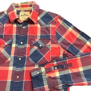 Hollister Men's Plaid Western‎ Pearl Snap Button Long Sleeve Shirt XL Red Blue